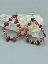 Load image into Gallery viewer, These pure rhodonite stone chip earrings with lustrous fuchsia and gold glass beading boast shimmering accents of blue, gold, and purple. Measurements: 2 1/4" length