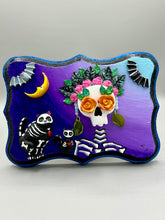 Load image into Gallery viewer, Frida Kahlo Inspired Wall Art | Dia De Los Muertos Home Decor. La Catrina y Gatita wall art is the purrfect hanging Day of the Dead art piece to add to your ofrenda. A tribute to an unbreakable bond and eternal love between cats and their guardians. Featuring a vibrant and intricate detail catrina and her floral crown and her kitty cat companion, this Day of the Dead-inspired artwork adds a little touch of Mexican art to your home or office. A unique handcrafted gift for any cat lover.