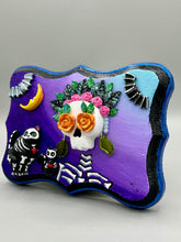 Load image into Gallery viewer, Frida Kahlo Inspired Wall Art | Dia De Los Muertos Home Decor. La Catrina y Gatita wall art is the purrfect hanging Day of the Dead art piece to add to your ofrenda. A tribute to an unbreakable bond and eternal love between cats and their guardians. Featuring a vibrant and intricate detail catrina and her floral crown and her kitty cat companion, this Day of the Dead-inspired artwork adds a little touch of Mexican art to your home or office. A unique handcrafted gift for any cat lover.