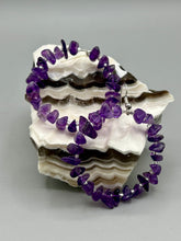 Load image into Gallery viewer, These lightweight Natural Amethyst Stone Chip Beaded Hoop Earrings are perfect for any boho chic look. The combination of cool color design makes them the perfect accessory for any winter or evening outfit. The silver glass beads add a subtle sparkle to complete the hippie vibe. Measurements: 2" length