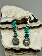 Load image into Gallery viewer, These earrings feature a single strand constructed with natural turquoise stone chips and tourmaline quartz stone beads for a unique, nature-inspired look. Measurements: 1 1/2" length
