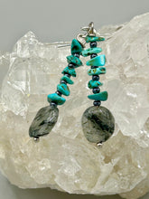 Load image into Gallery viewer, These earrings feature a single strand constructed with natural turquoise stone chips and tourmaline quartz stone beads for a unique, nature-inspired look. Measurements: 1 1/2" length