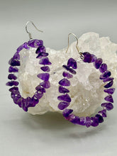 Load image into Gallery viewer, These lightweight Natural Amethyst Stone Chip Beaded Hoop Earrings are perfect for any boho chic look. The combination of cool color design makes them the perfect accessory for any winter or evening outfit. The silver glass beads add a subtle sparkle to complete the hippie vibe. Measurements: 2" length