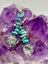 Load image into Gallery viewer, These earrings feature a single strand constructed with natural turquoise stone chips and tourmaline quartz stone beads for a unique, nature-inspired look. Measurements: 1 1/2" length