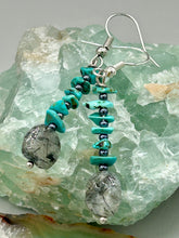 Load image into Gallery viewer, These earrings feature a single strand constructed with natural turquoise stone chips and tourmaline quartz stone beads for a unique, nature-inspired look. Measurements: 1 1/2" length
