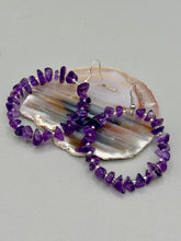 Load image into Gallery viewer, These lightweight Natural Amethyst Stone Chip Beaded Hoop Earrings are perfect for any boho chic look. The combination of cool color design makes them the perfect accessory for any winter or evening outfit. The silver glass beads add a subtle sparkle to complete the hippie vibe. Measurements: 2" length