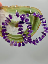 Load image into Gallery viewer, These lightweight Natural Amethyst Stone Chip Beaded Hoop Earrings are perfect for any boho chic look. The combination of cool color design makes them the perfect accessory for any winter or evening outfit. The silver glass beads add a subtle sparkle to complete the hippie vibe. Measurements: 2" length