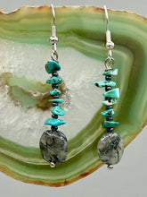 Load image into Gallery viewer, These earrings feature a single strand constructed with natural turquoise stone chips and tourmaline quartz stone beads for a unique, nature-inspired look. Measurements: 1 1/2" length