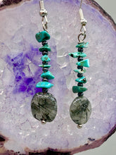 Load image into Gallery viewer, These earrings feature a single strand constructed with natural turquoise stone chips and tourmaline quartz stone beads for a unique, nature-inspired look. Measurements: 1 1/2" length