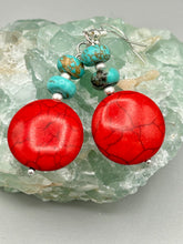 Load image into Gallery viewer, These southwest inspired earrings feature bamboo red coral and turquoise stone beads with silver glass beads. Measurements: 1 1/2" length