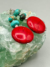 Load image into Gallery viewer, These southwest inspired earrings feature bamboo red coral and turquoise stone beads with silver glass beads. Measurements: 1 1/2" length