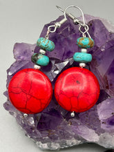 Load image into Gallery viewer, These southwest inspired earrings feature bamboo red coral and turquoise stone beads with silver glass beads. Measurements: 1 1/2" length