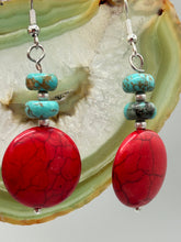 Load image into Gallery viewer, These southwest inspired earrings feature bamboo red coral and turquoise stone beads with silver glass beads. Measurements: 1 1/2" length