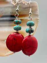 Load image into Gallery viewer, These southwest inspired earrings feature bamboo red coral and turquoise stone beads with silver glass beads. Measurements: 1 1/2" length