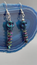 Load and play video in Gallery viewer, Blue Skull Bead With Spine Earrings, Pastel Goth, Dia De Los Muertos Calavera, Day of the Dead Jewelry, La Catrina