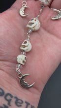 Load and play video in Gallery viewer, Cascade of Skull Beads Choker Necklace Smiling Crescent Moon Charms, Pastel Goth, Dark Witchy Crescent Moonbeams Jewelry, Day Of The Dead Calavera
