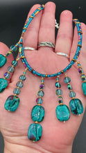 Load and play video in Gallery viewer, Bohemian Style Teal Square Quartzite And Glass Beaded Choker Style Necklace, Hippie, Shabby Chic, Boho Chic, Gypsy, Draped Necklace