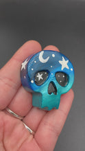 Load and play video in Gallery viewer, Celestial Moon And Stars Day of the Dead Hand Painted Clay Art Mini Skull Magnet, La Muerte Calavera