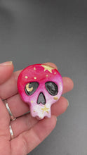 Load and play video in Gallery viewer, Day of the Dead Art Mini Skull Magnet, Pastel Goth Skull Clay Art, Dia De Los Muertos Calavera