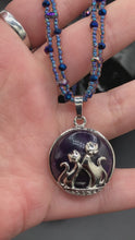 Load and play video in Gallery viewer, Dark Amethyst Sterling Silver Cat Pendant With Stars Chocker Necklace, Hippie Kitty Lovers Jewelry, Celestial Starry Night Witchy Crystals