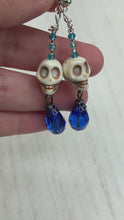Load and play video in Gallery viewer, Dangling Howlite Misfits Skull Bead Fish Hook Earrings, Witchy Celestial, Pastel Goth, Dia De Los Muertos Calavera, Day of the Dead, Galaxy Cosmos