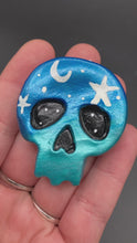 Load and play video in Gallery viewer, Celestial And Moon Skull Clay Art Magnet, Dia De Los Muertos Calavera, Day of the Dead Polymer Clay Art Mini Skull Magnet