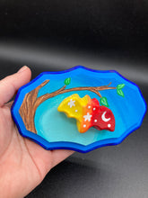 Load image into Gallery viewer, This unique Starry Night Mini Bat Wall Art Decor is hand sculpted and painted in vivid hues to offer an eye-catching decoration for your living space. The bat is painted in a gradient of yellow, to orange, to dark red, and is complemented by white stars and a crescent moon. The wood frame is painted in light to dark blues for a stunning night effect for a drastic contrast to the warm tone bat.