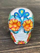 Load image into Gallery viewer, Cat Lovers Kitty and Skull Art, Hand Painted Ceramic Sugar Skull, Dia De Los Muertos Calavera, Mini Day of the Dead Cat Ceramic Skull