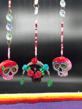 Load image into Gallery viewer, Frida Kahlo Inspired Day of the Dead Mini Skull Suncatcher, Nature Inspired Floral Skull Clay Art Home Decor