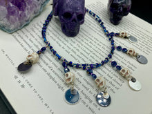 Load image into Gallery viewer, Cascade of Skulls And Purple Glass Beaded Collar Style Necklace, Pastel Goth Skull Jewelry, Gothic Vampire, Dia De Los Muertos Calavera