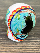 Load image into Gallery viewer, Cat Lovers Kitty and Skull Art, Hand Painted Ceramic Sugar Skull, Dia De Los Muertos Calavera, Mini Day of the Dead Cat Ceramic Skull