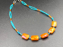 Load image into Gallery viewer, Dainty Double Strand Orange, Turquoise Blue, And Gold Adjustable Glass Beaded Necklace