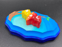 Load image into Gallery viewer, Starry Night Mini Bat Wall Art Decor. A perfect hanging art piece to add a pop of color to your wall, next to your display of crystals or witchy altar. Bat figurine is made of polymer clay, painted ombre colors from light yellow, to orange, then to dark red with white stars and crescent moon flying over the sun rise sky. Dark blue wood frame matches the light blue sky. Art come ready to hang with a sawtooth hangers on back. Measurements: H 3" x W 5” x D 1 1/2"