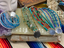 Load image into Gallery viewer, Ocean Blue Waves Nine Stands Glass Beaded Bracelet, Chunky Bohemian Style Jewelry, Hippie Nature Lover, Boho Shabby Chic, Starry Night Sky