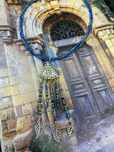 Load image into Gallery viewer, Bohemian Style Blue And Silver Beaded Choker Style Adjustable Necklace, Triangle Shaped Illuminati Pendant With Dangling Beads And Leaves