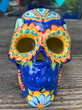 Load image into Gallery viewer, I wanted to create a Dia De Los Muertos skull that represented the eternal love for a special kitty cat in your life. Black cat silhouette is sitting admiring the sun going down. This Day Of The Dead ceramic skull art was created for the cat lovers who adore their sweet kitty. Measurements: H 4” x W 4” x D 5 1/2”