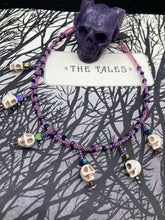 Load image into Gallery viewer, Pink Pastel Goth Collar Style Beaded Necklace, Rainbow Gothic Lovers Heart And Skull Necklace, Witchy Choker Style Jewelry, Dia De Los Muertos Calaveras