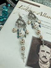 Load image into Gallery viewer, Day of The Dead, La Catrina Dia De Los Muertos Aretes, Pastel Goth Jewelry, Dangling Skulls Silver Cross Beaded Chandelier Style Earrings