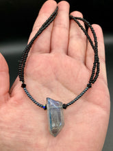 Load image into Gallery viewer, This stunningly elegant double strand necklace features a luster blue crystal stone nugget, creating a sophisticated, yet dainty look that beautifully drapes across the neck.  Necklace is 18”