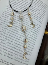 Load image into Gallery viewer, Cascade of Skull Beads Choker Necklace Smiling Crescent Moon Charms, Pastel Goth, Dark Witchy Crescent Moonbeams Jewelry, Day Of The Dead Calavera