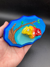 Load image into Gallery viewer, This unique Starry Night Mini Bat Wall Art Decor is hand sculpted and painted in vivid hues to offer an eye-catching decoration for your living space. The bat is painted in a gradient of yellow, to orange, to dark red, and is complemented by white stars and a crescent moon. The wood frame is painted in light to dark blues for a stunning night effect for a drastic contrast to the warm tone bat.