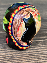 Load image into Gallery viewer, Cat Lovers Kitty and Skull Art, Hand Painted Ceramic Sugar Skull, Dia De Los Muertos Calavera, Mini Day of the Dead Cat Ceramic Skull