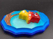 Load image into Gallery viewer, This unique Starry Night Mini Bat Wall Art Decor is hand sculpted and painted in vivid hues to offer an eye-catching decoration for your living space. The bat is painted in a gradient of yellow, to orange, to dark red, and is complemented by white stars and a crescent moon. The wood frame is painted in light to dark blues for a stunning night effect for a drastic contrast to the warm tone bat.