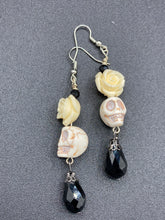 Load image into Gallery viewer, Frida Kahlo Inspired Earring, Howlite Skull Beads White Roses, Pastel Goth, Dia De Los Muertos Calaveras , Day of the Dead Jewelry, La Catrina