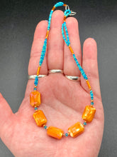 Load image into Gallery viewer, Dainty Double Strand Orange, Turquoise Blue, And Gold Adjustable Glass Beaded Necklace