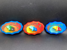 Load image into Gallery viewer, Starry Night Mini Bat Wall Art Decor. A perfect hanging art piece to add a pop of color to your wall, next to your display of crystals or witchy altar. Bat figurine is made of polymer clay, painted ombre colors from light to dark with white stars and crescent moon flying over the sun rise sky. Orange and red wood frame matches the light yellow, orange and red sky. Art come ready to hang with a sawtooth hangers on back. Measurements: H 3" x W 5” x D 1 1/2"