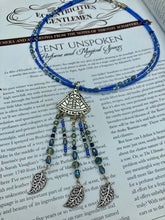Load image into Gallery viewer, Bohemian Style Blue And Silver Beaded Choker Style Adjustable Necklace, Triangle Shaped Illuminati Pendant With Dangling Beads And Leaves