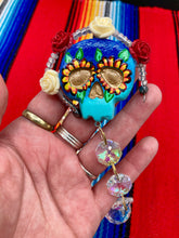 Load image into Gallery viewer, Frida Kahlo Inspired Day of the Dead Mini Skull Suncatcher, Nature Inspired Floral Skull Clay Art Home Decor, Mini Calavera