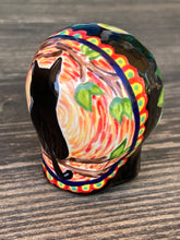 Load image into Gallery viewer, Cat Lovers Kitty and Skull Art, Hand Painted Ceramic Sugar Skull, Dia De Los Muertos Calavera, Mini Day of the Dead Cat Ceramic Skull