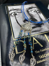 Load image into Gallery viewer, Bohemian Style Blue And Silver Beaded Choker Style Adjustable Necklace, Triangle Shaped Illuminati Pendant With Dangling Beads And Leaves